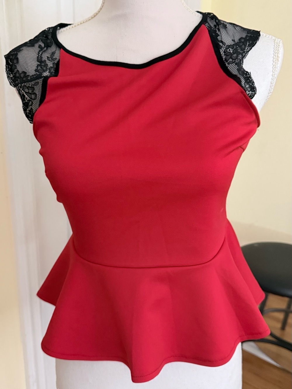 Women’s Red Peplum Blouse with Black Lace Accents